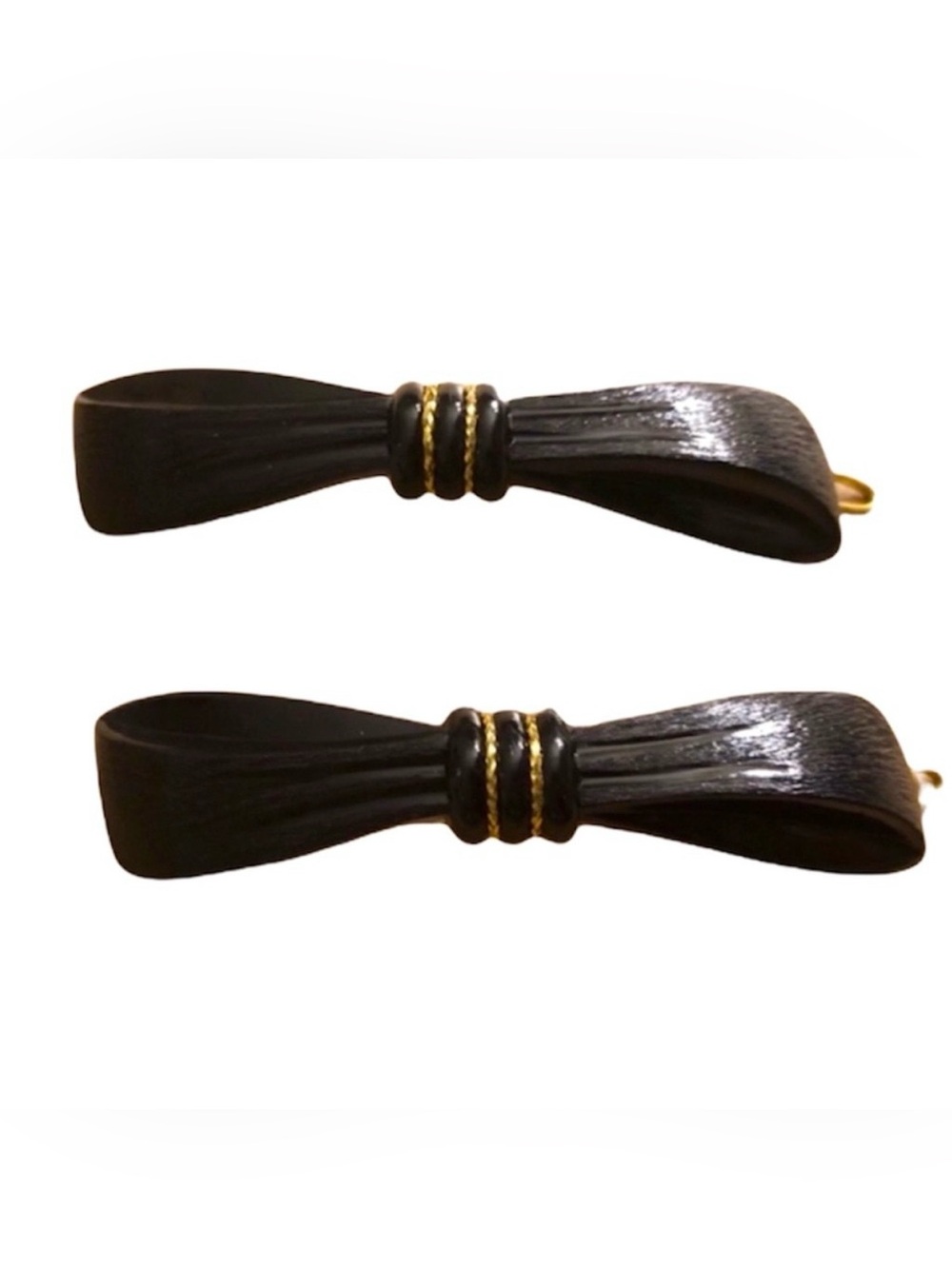 1970’s French Black Bow Barrettes Hair Clips, Black & Gold, Handmade in Paris